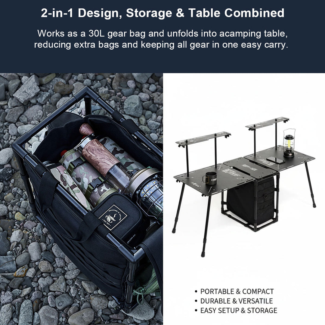 Aluminum camping table folded with included 30L storage bag for easy transport, a versatile outdoor gear