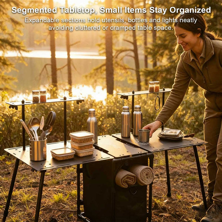 Compact portable camping table set up with integrated 30L storage, perfect tactical table for camp