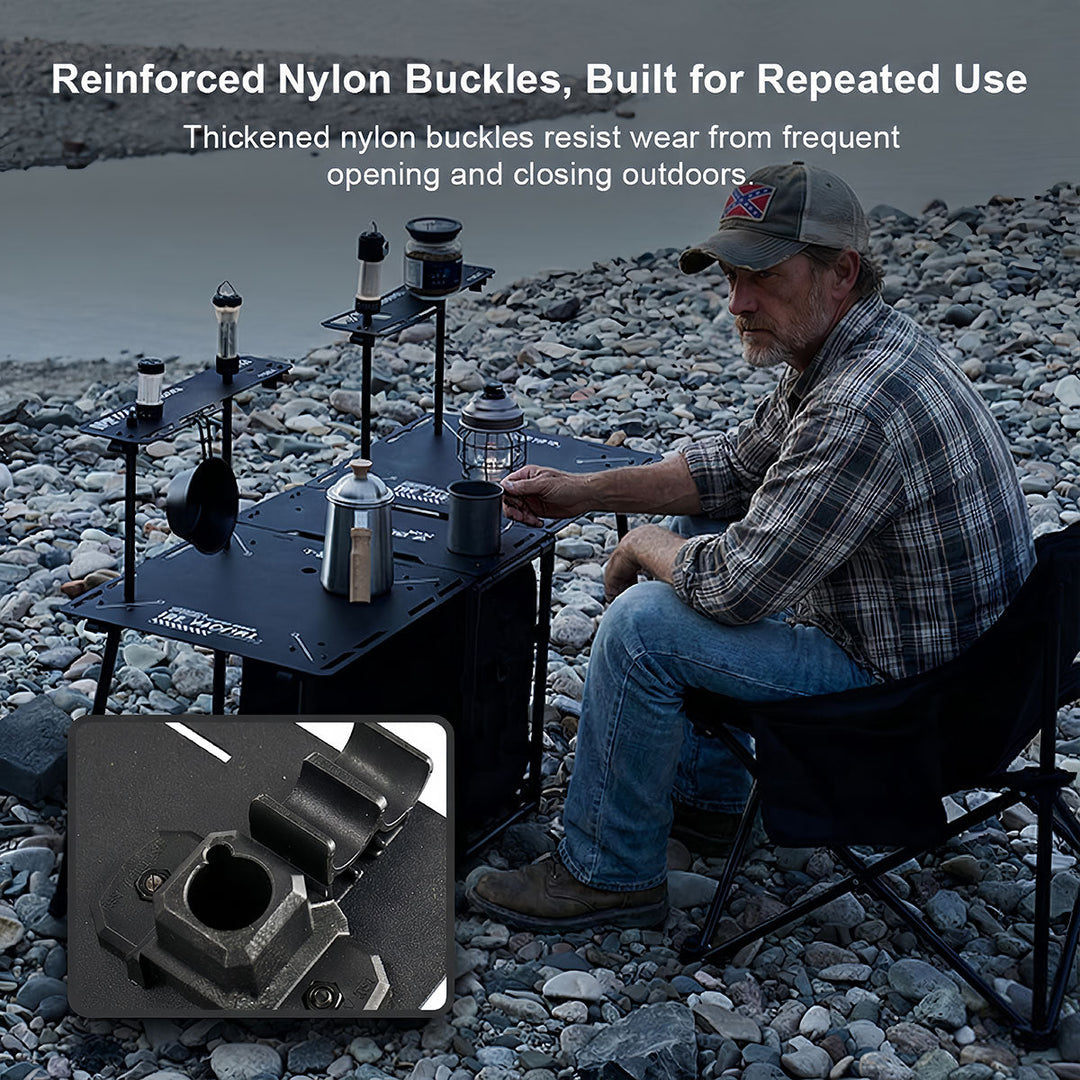 Side view of the portable folding camping table, emphasizing its compact size when folded, outdoor gear