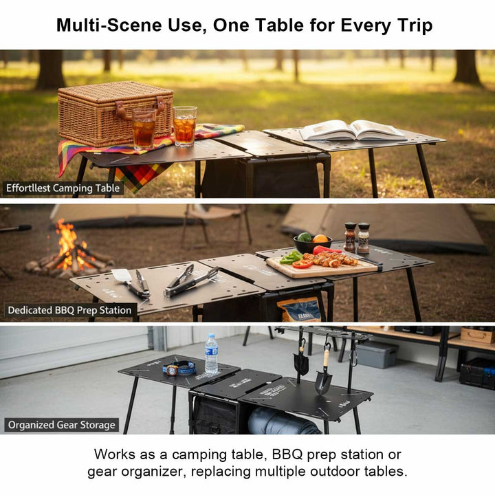 Detail of the storage bag attached to the camping table, designed for organizing camp essentials, tactical table