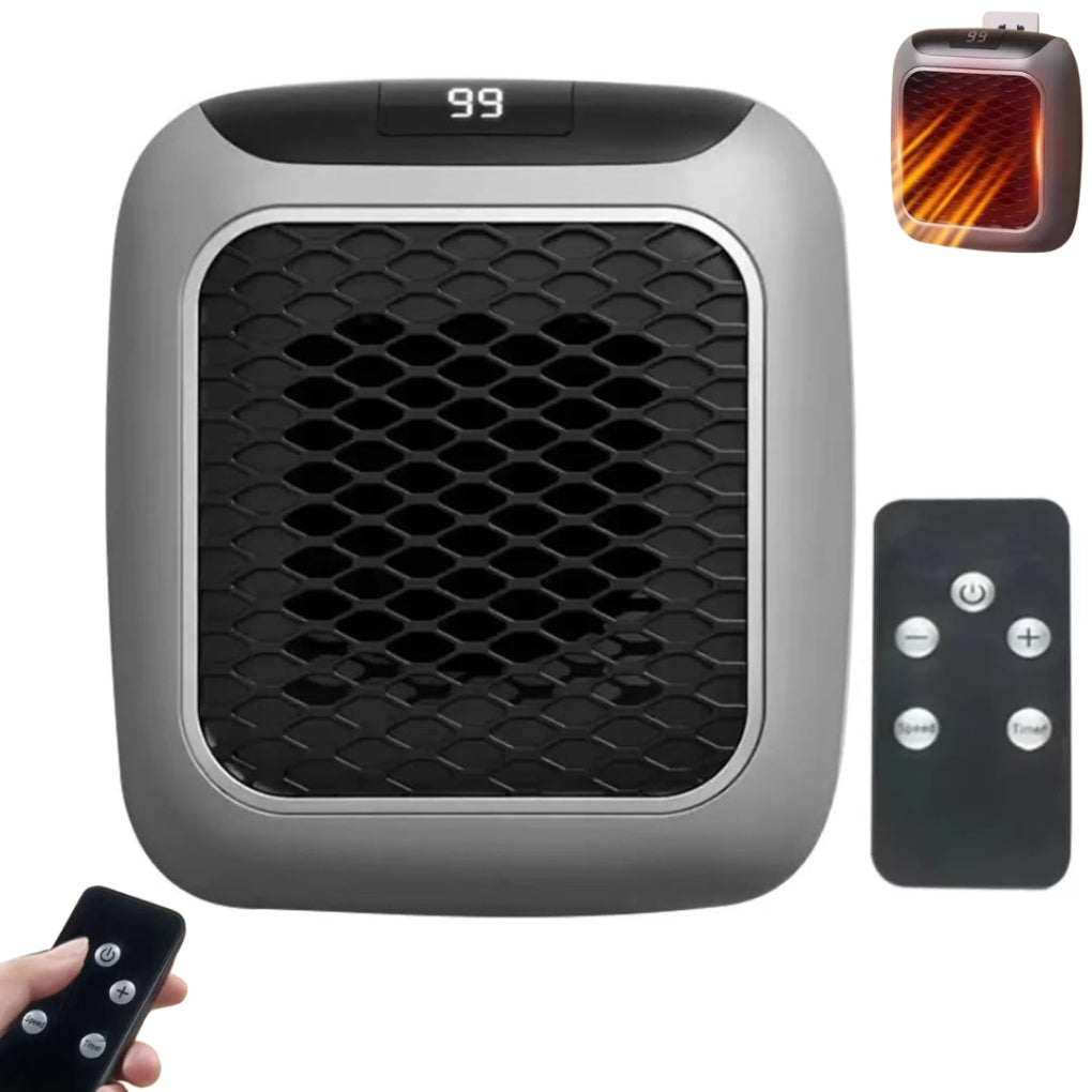 Portable grey electric space heater with remote control, ideal for small rooms.
