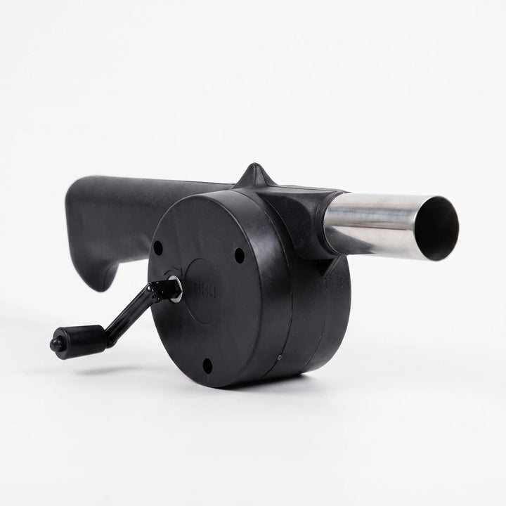 Convenient portable outdoor hand crank fan for BBQ, grilling, and campfires. Manual blower for fast heat.