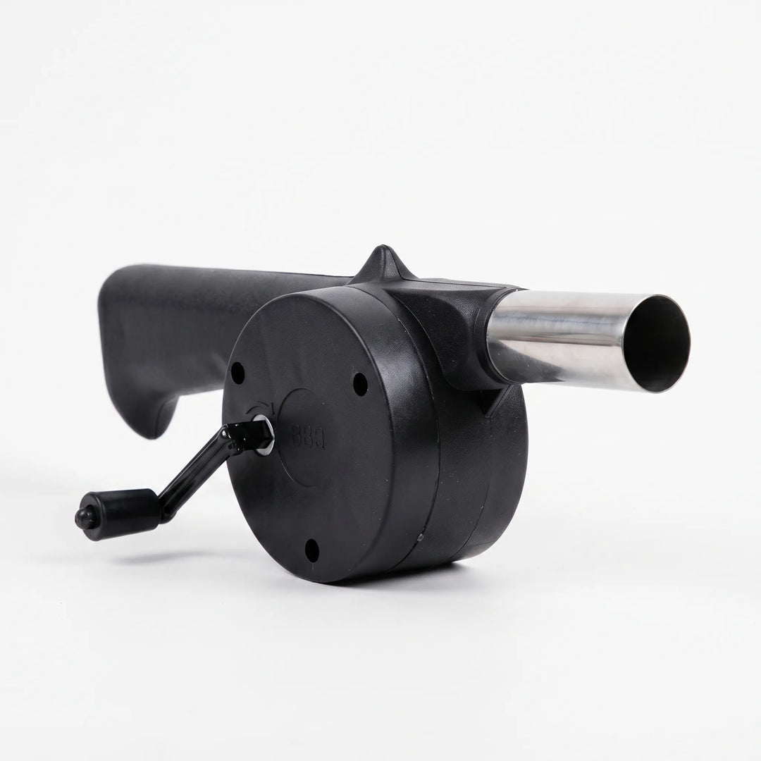 Efficient hand crank fan for outdoor grills. Manual air blower helps ignite charcoal & control BBQ flames easily.