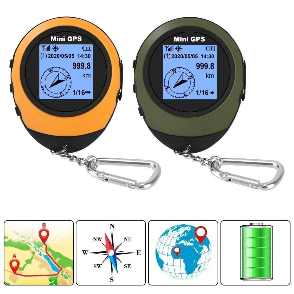 Portable handheld GPS navigator for hiking, showing map and digital compass for outdoor adventure
