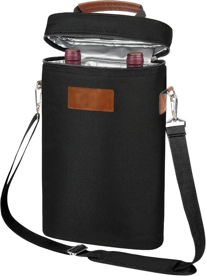 Portable insulated dual wine bottle carrier bag, perfect for picnics & travel. Keeps drinks cool.