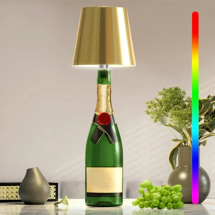 Modern GlowBottle LED lamp. Dimmable, portable, & rechargeable, enhancing any room's ambiance.