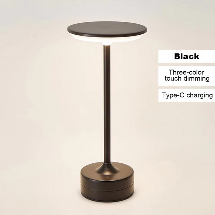 Silver portable LED ambient light, touch sensor, USB rechargeable & cordless.