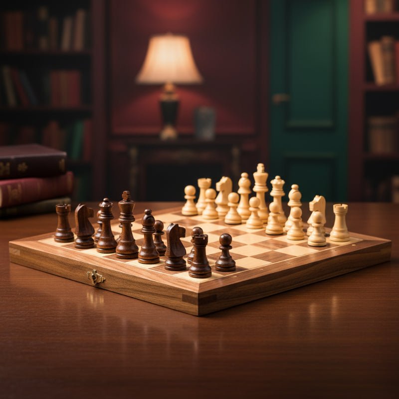 Portable magnetic wooden chess board game, perfect for travel fun and classic strategy games on the go.
