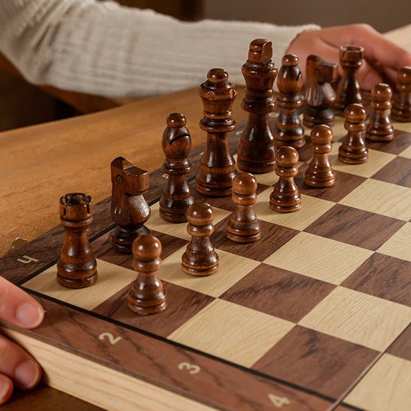 Elegant wooden chess board with magnetic pieces, ensuring a stable and enjoyable strategy game experience anywhere.