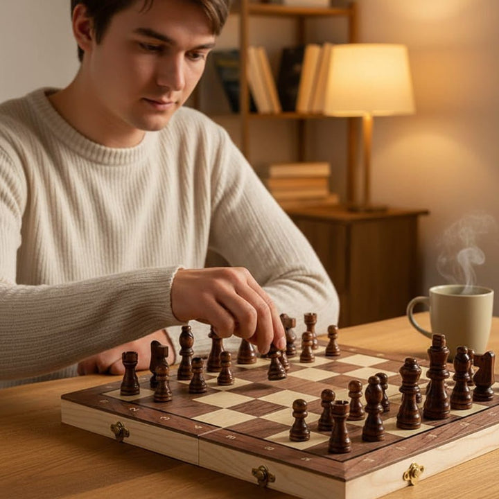Detailed close-up of a portable magnetic wooden chess game, ready for engaging strategy play and travel adventures.