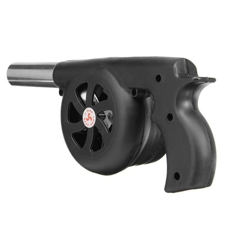 Outdoor cooking accessory: hand-crank BBQ blower. Quickly ignites charcoal for grilling and camping.