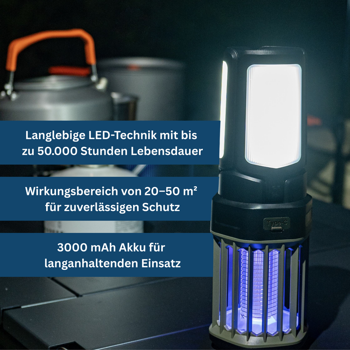 Durable camping accessory: a lantern also functioning as a mosquito repellent, great for outdoor adventures.