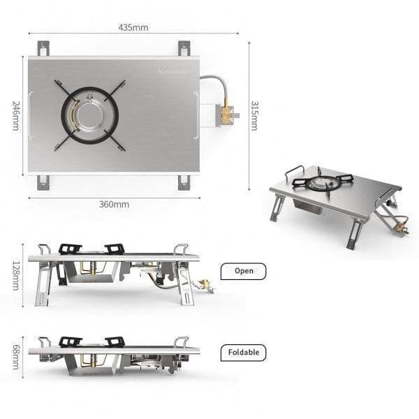 Camping gear: multi-functional folding table with integrated space for portable grill, suitable for outdoor cooking.