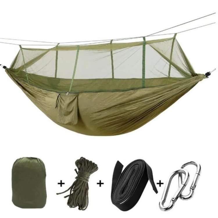 Unisex double camping hammock with mosquito net for bug-free outdoor adventures.