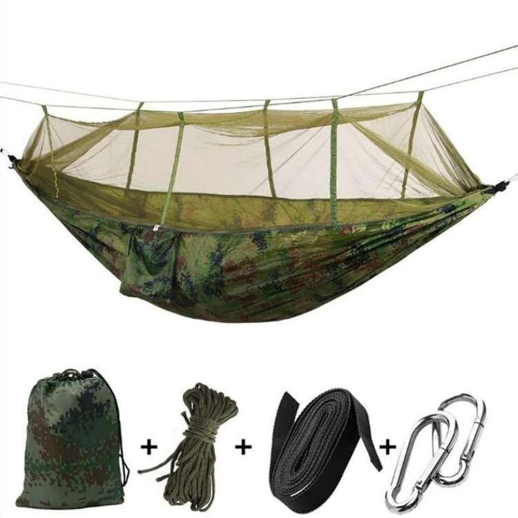 Compact and lightweight camping hammock with built-in bug net, great for travel.