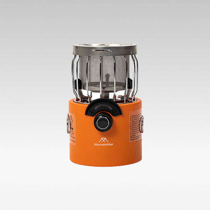 Portable outdoor camping heater and cooker, ideal for cold weather, showing heating function