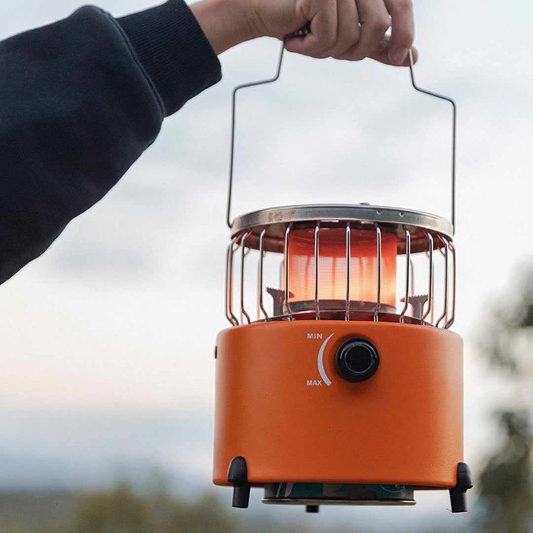 Camping heater and cooker with propane tank attached, ready for outdoor adventure