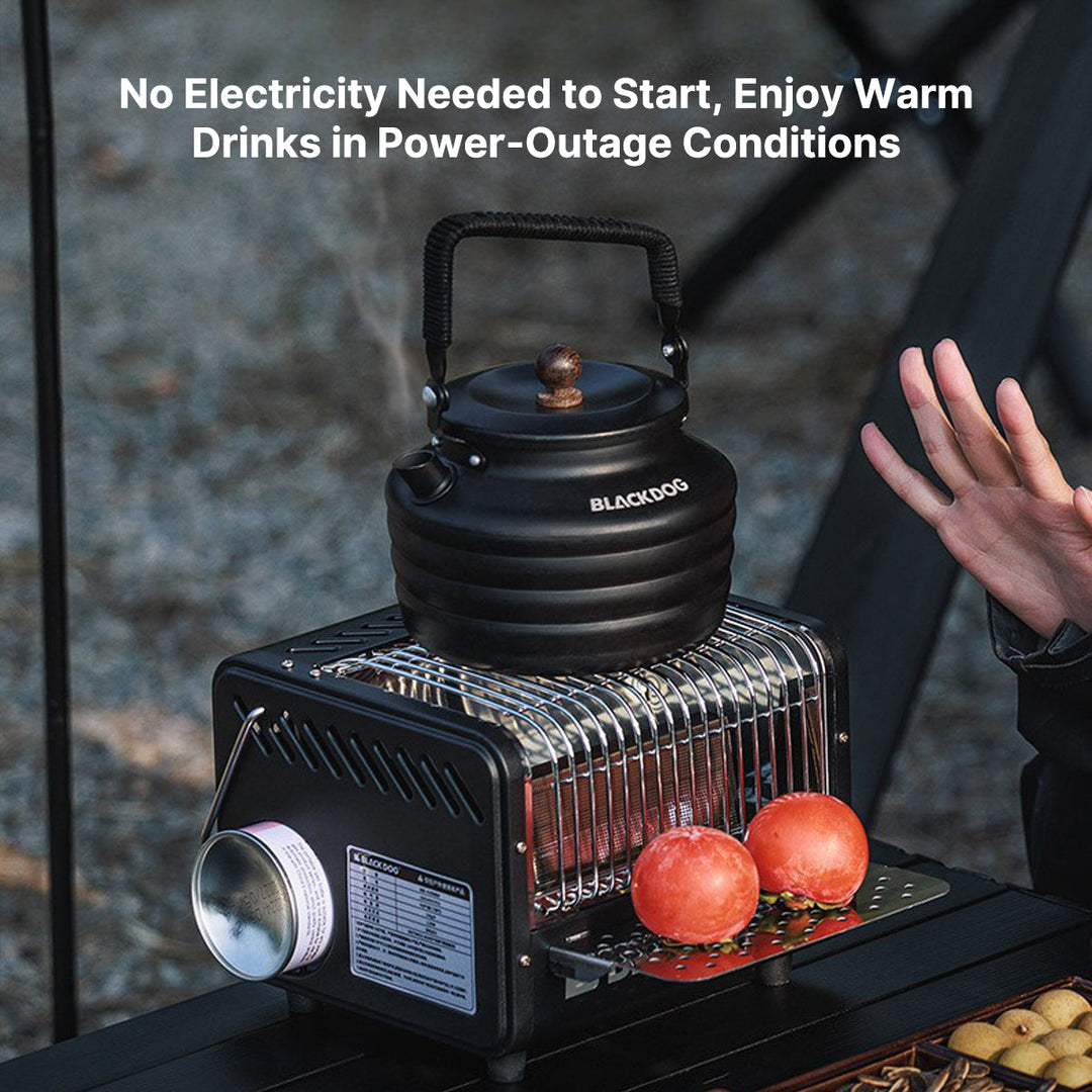 Portable outdoor heater for winter, showing boiling feature in use, compact design