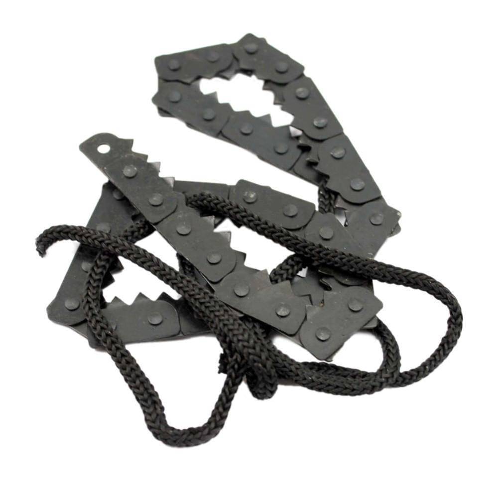 Handheld pocket chainsaw, lightweight and durable survival gear for wood cutting during camping trips.