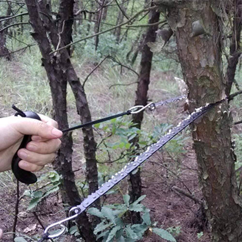 Compact pocket chain saw, an ideal hiking accessory and emergency saw for quick and easy limb removal.
