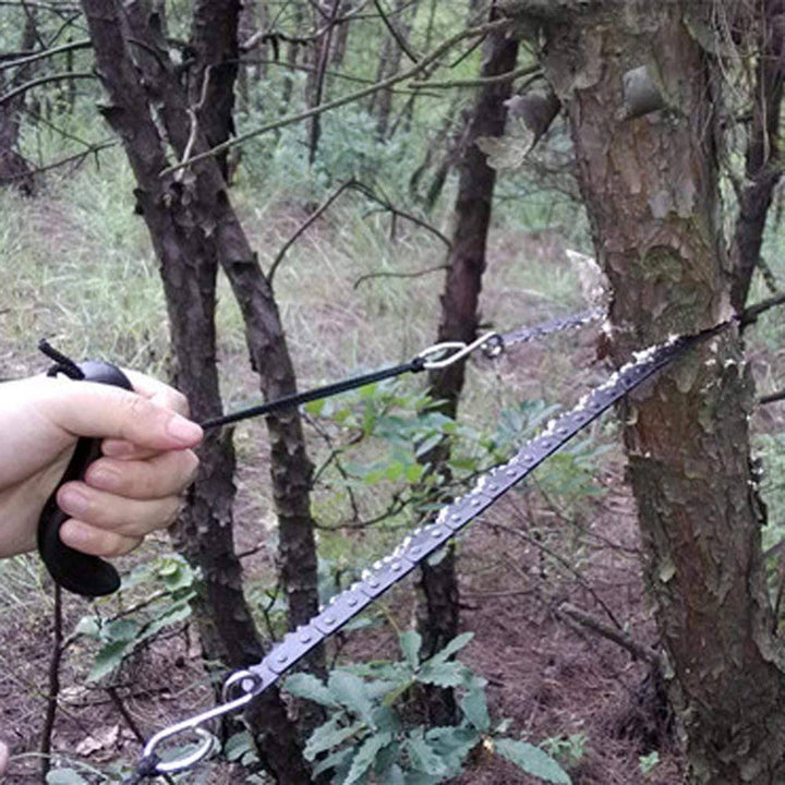 Compact pocket chain saw, an ideal hiking accessory and emergency saw for quick and easy limb removal.