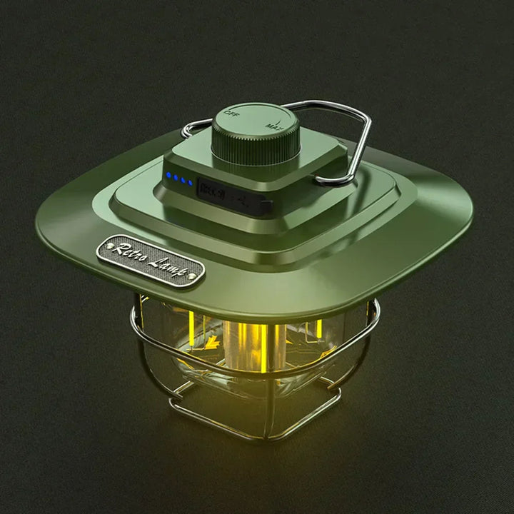 Portable retro LED camping lantern, rechargeable, for outdoor adventures and vintage light.
