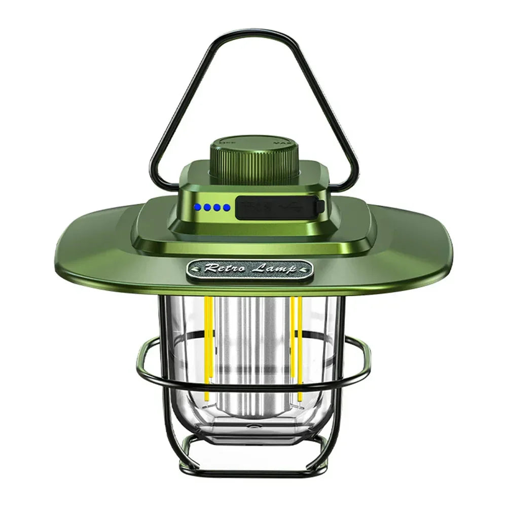 Vintage-style rechargeable LED lantern, perfect for camping, emergency, and outdoor lighting.