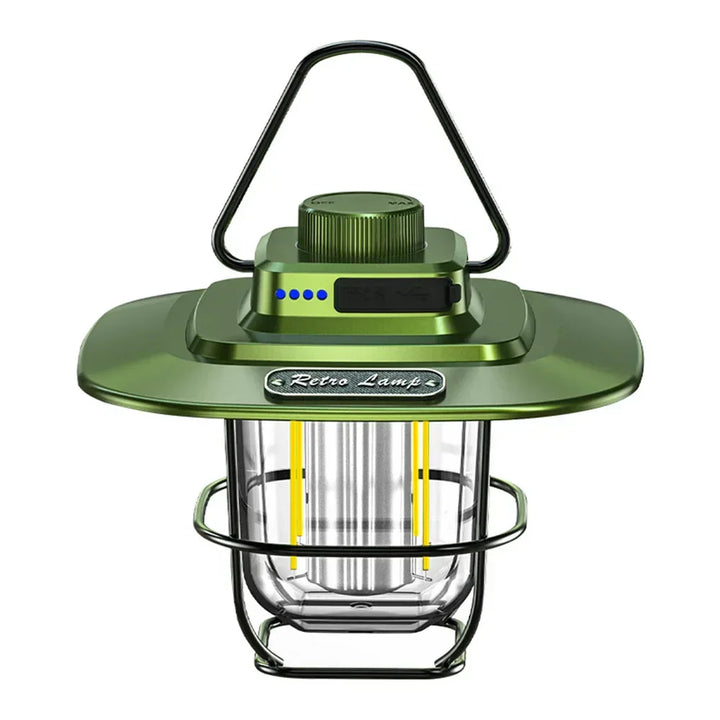 Vintage-style rechargeable LED lantern, perfect for camping, emergency, and outdoor lighting.