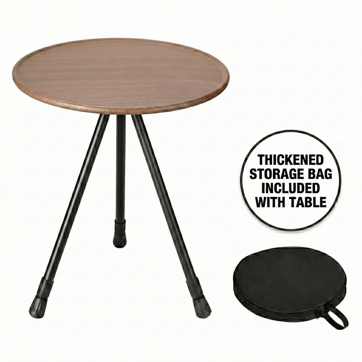 Portable round table for camping, features a secure mesh pocket for small items