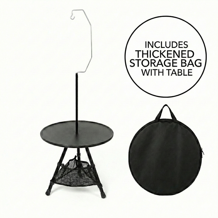 Compact round portable camping table with essential mesh pocket storage