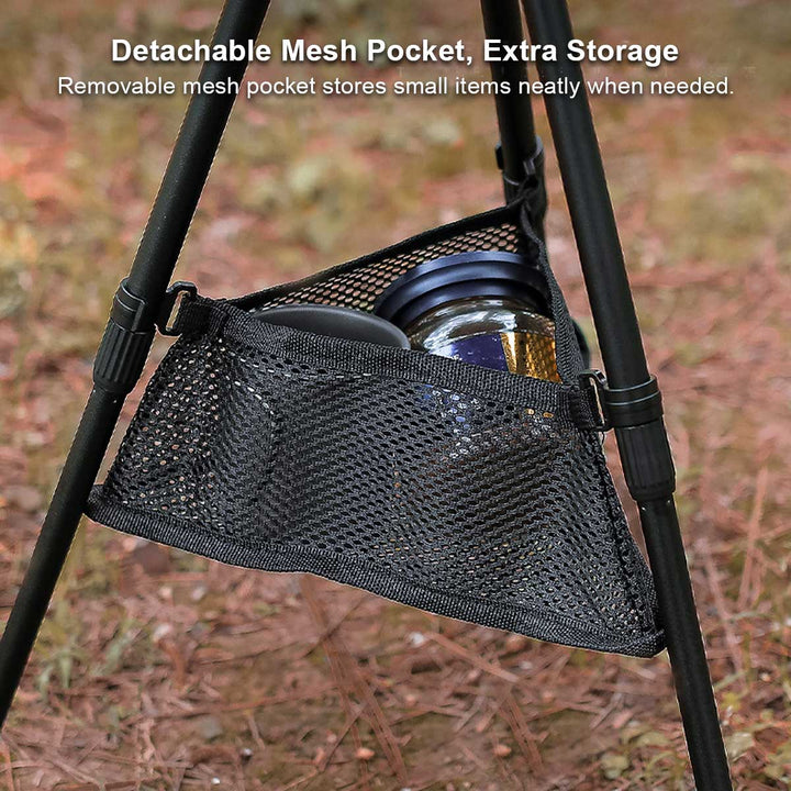 Portable round camp table, durably constructed for outdoor use, includes mesh pocket