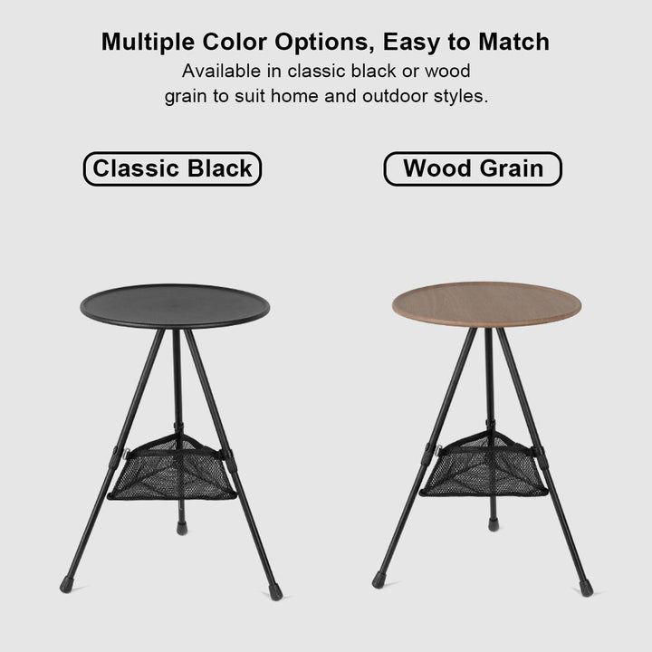 Compact round camping table, easy setup, with a smart mesh pocket for accessories