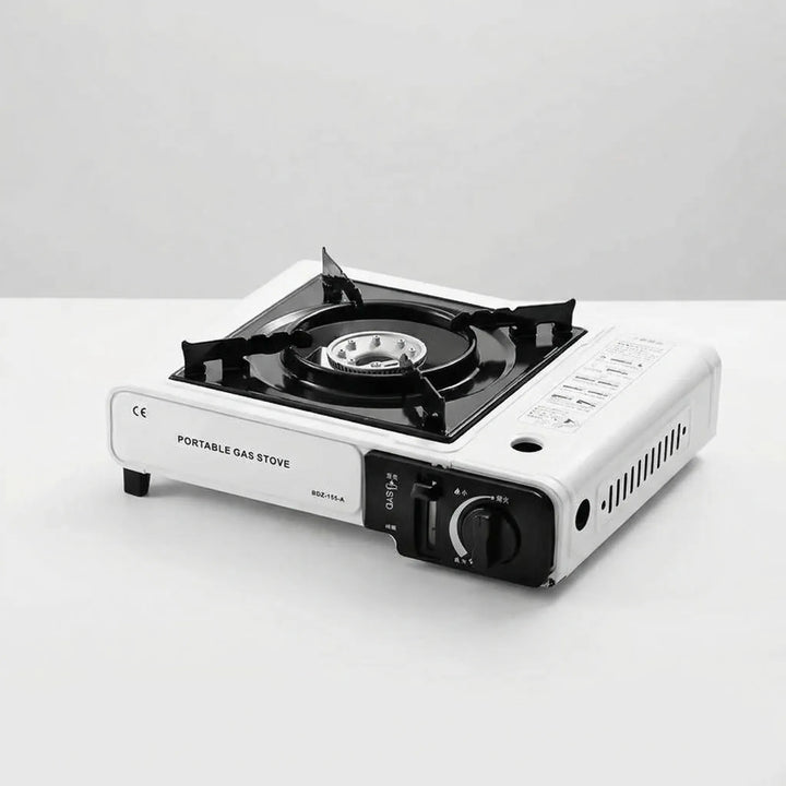 Sleek portable camping stove, single gas burner for hikers & campers. Durable outdoor cooking gear.