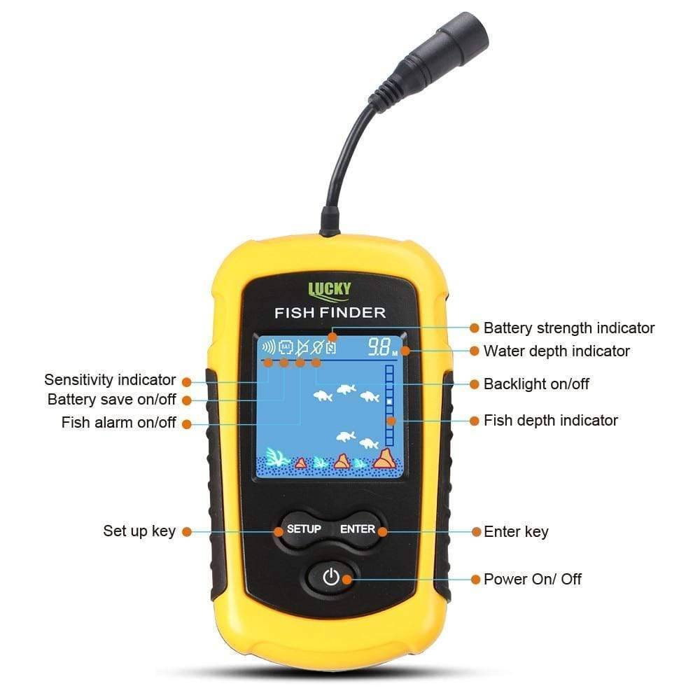 Angler's portable fish finder, compact and waterproof with backlit display for easy reading.
