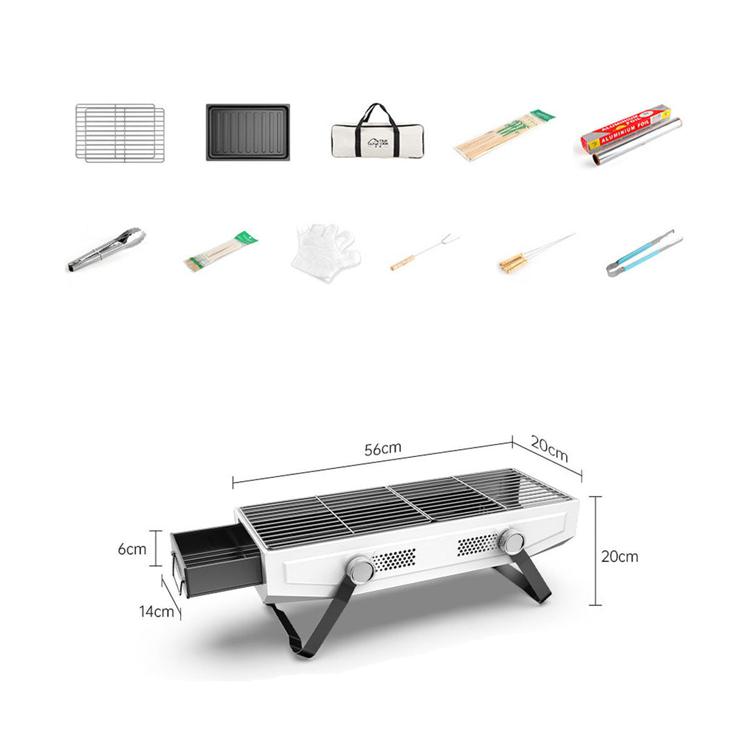 Portable BBQ grill setup in an outdoor camping environment