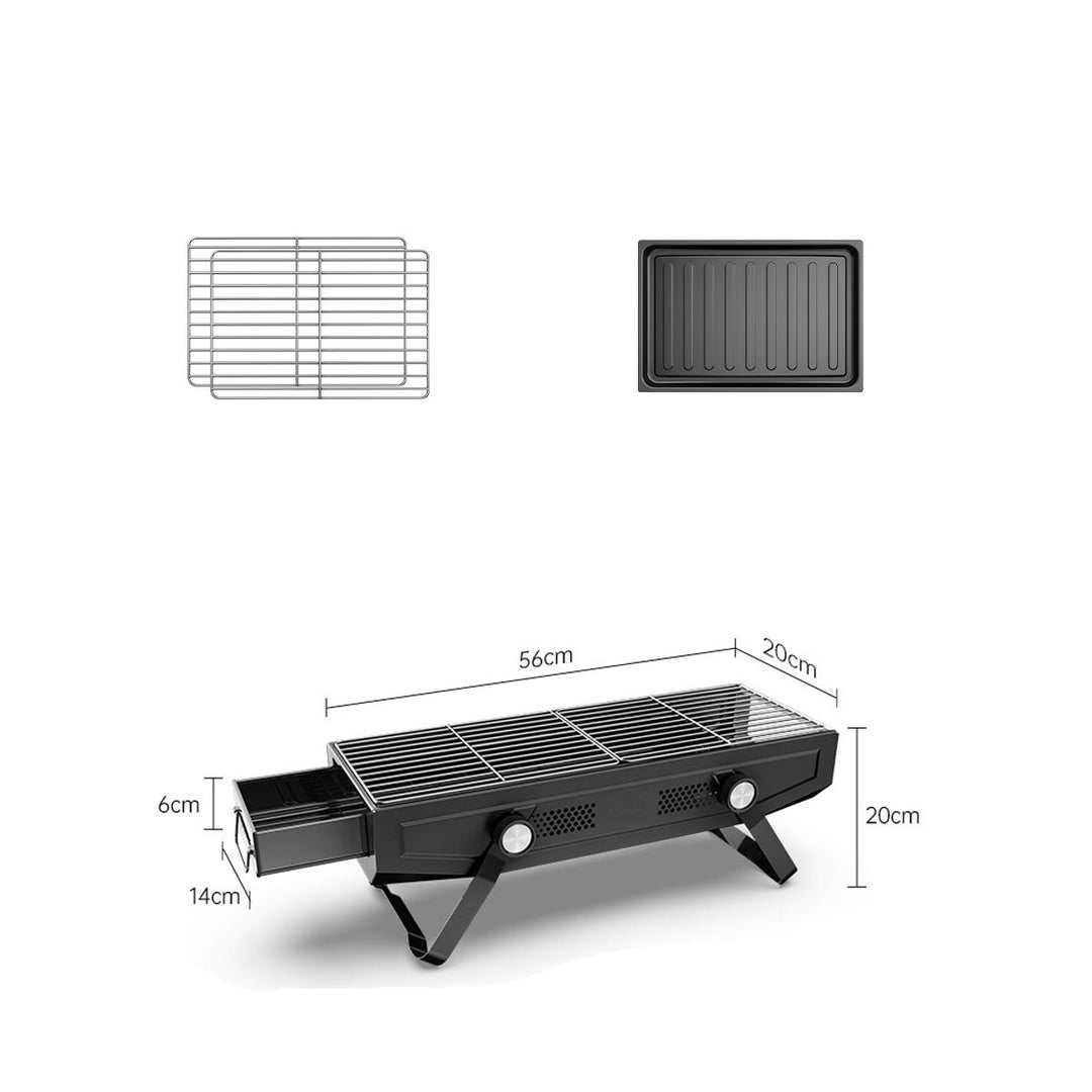 Portable BBQ grill with charcoal tray, durable stainless steel construction