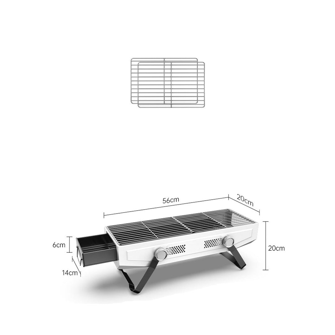 Close-up of the grates on a portable stainless steel camping grill