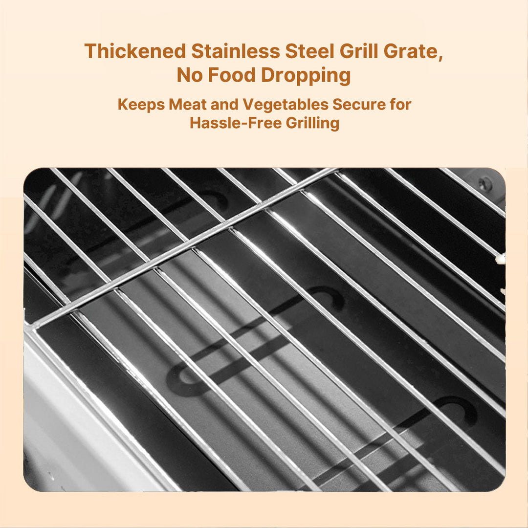 Side view of portable folding stainless steel BBQ grill for outdoor use