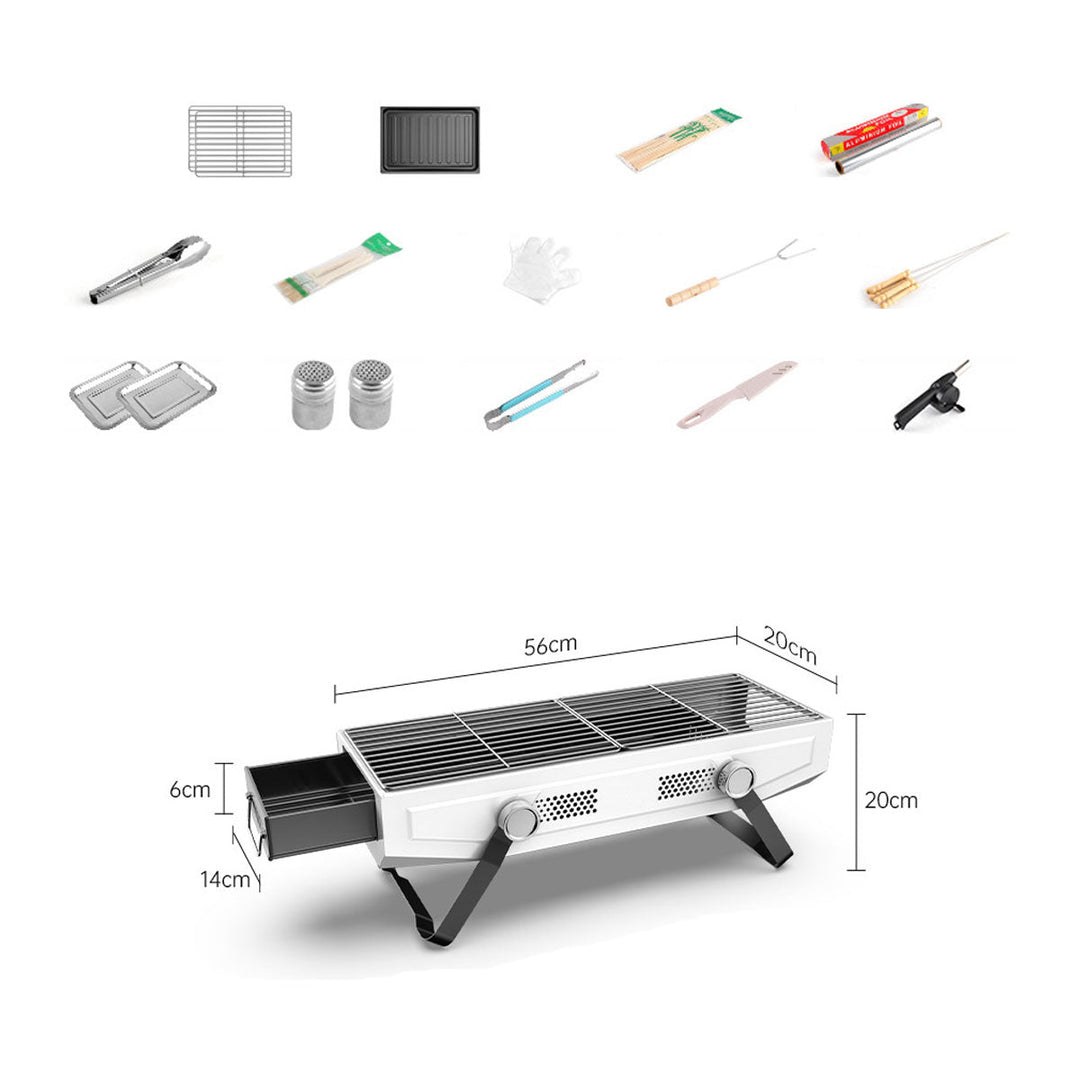 Open portable stainless steel BBQ grill, highlighting sturdy design