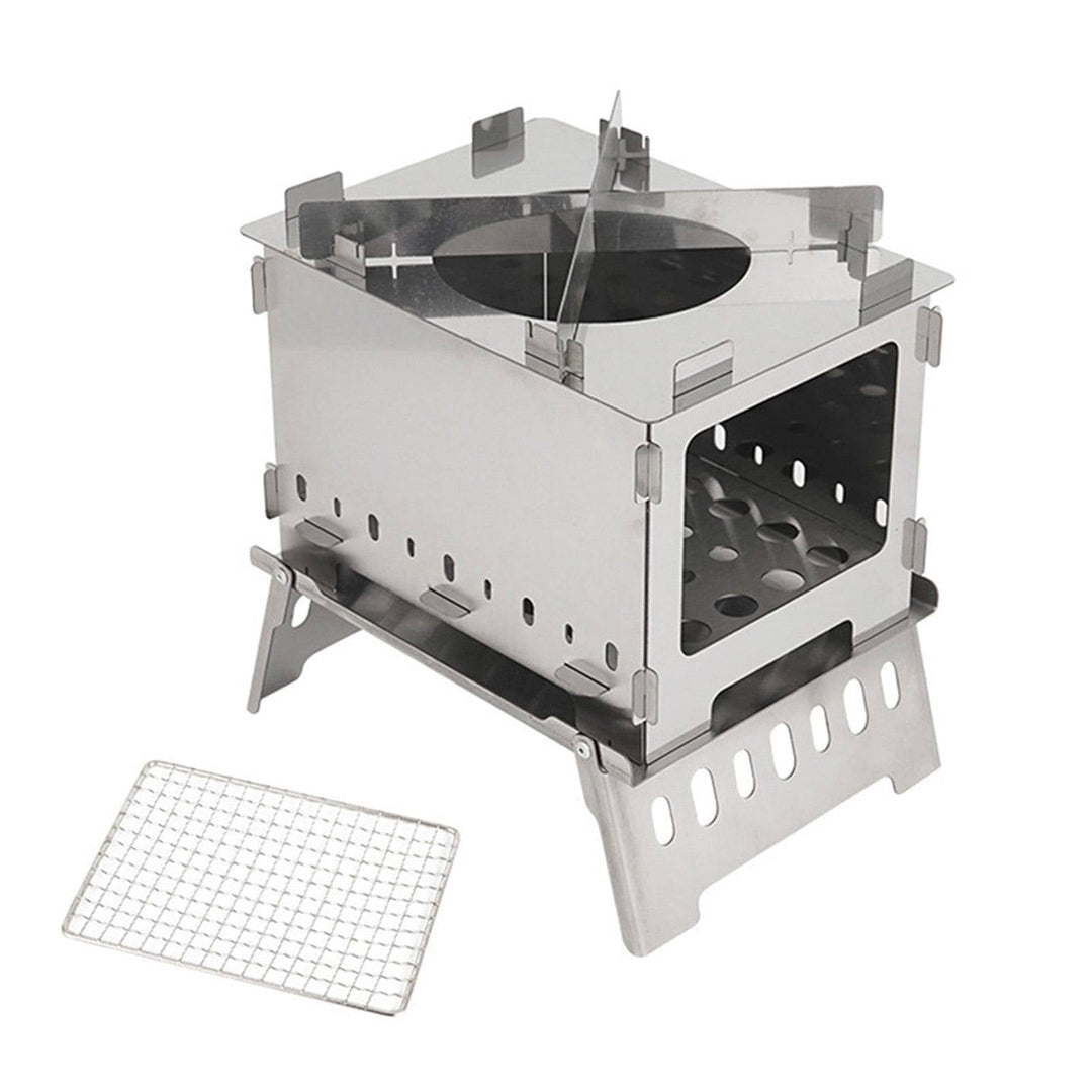 Compact outdoor cooking wood stove and portable BBQ grill for camping, made of durable stainless steel.