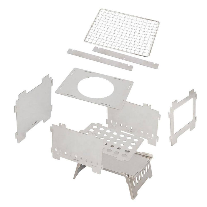Efficient portable camping grill and wood stove, a versatile outdoor cooking solution for survivalists.