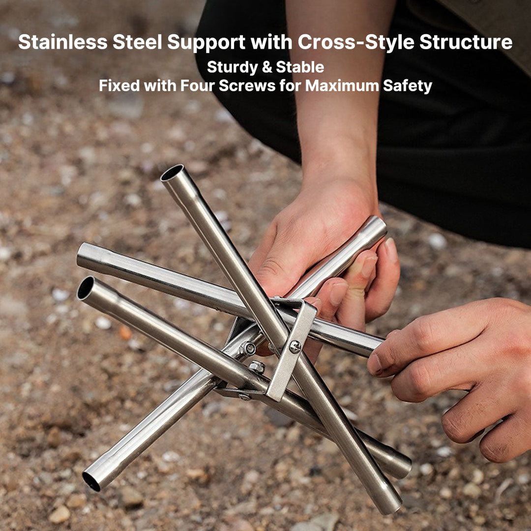 Camping gear: high-quality stainless steel fire pit and grill rack for versatile outdoor cooking.