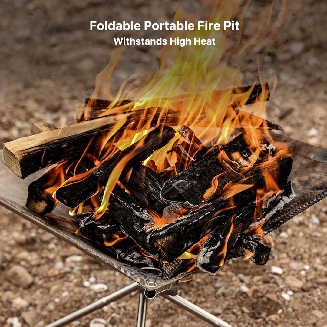 Easy-to-assemble portable fire pit made of stainless steel, features a grill for campfire cooking.