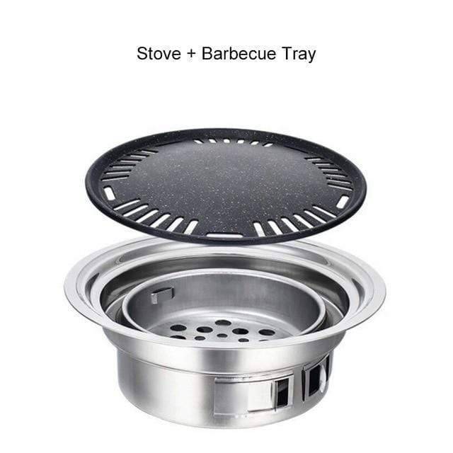 Stainless steel portable outdoor charcoal BBQ grill, perfect for camping, picnics and backyard grilling.