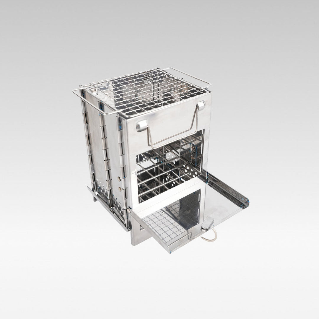 Portable stainless steel folding wood burning camping stove for outdoor cooking, backpacking gear