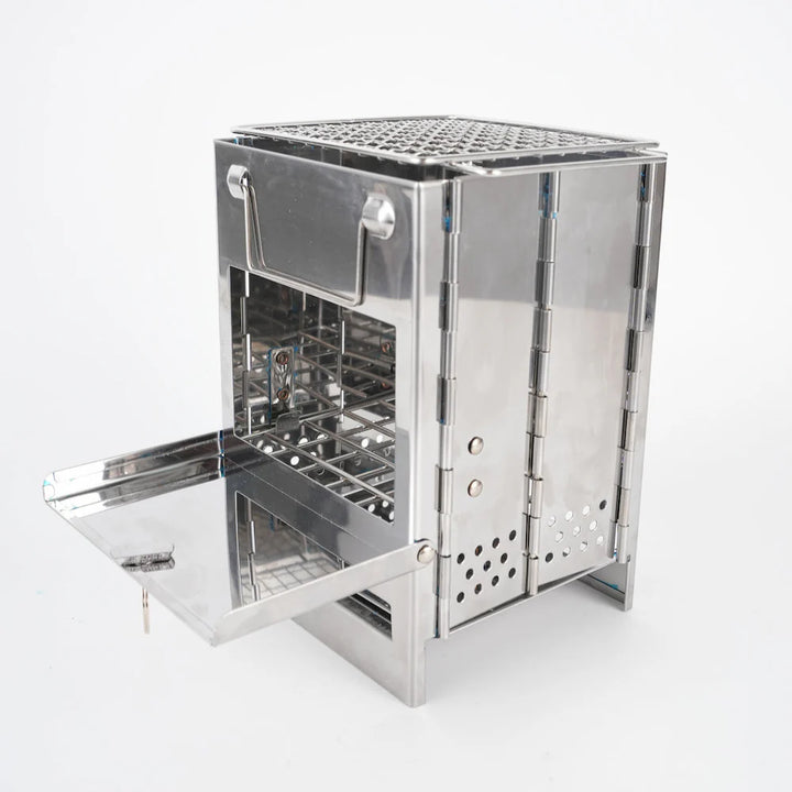 Folding stainless steel multi-fuel camping stove, an essential for outdoor adventures
