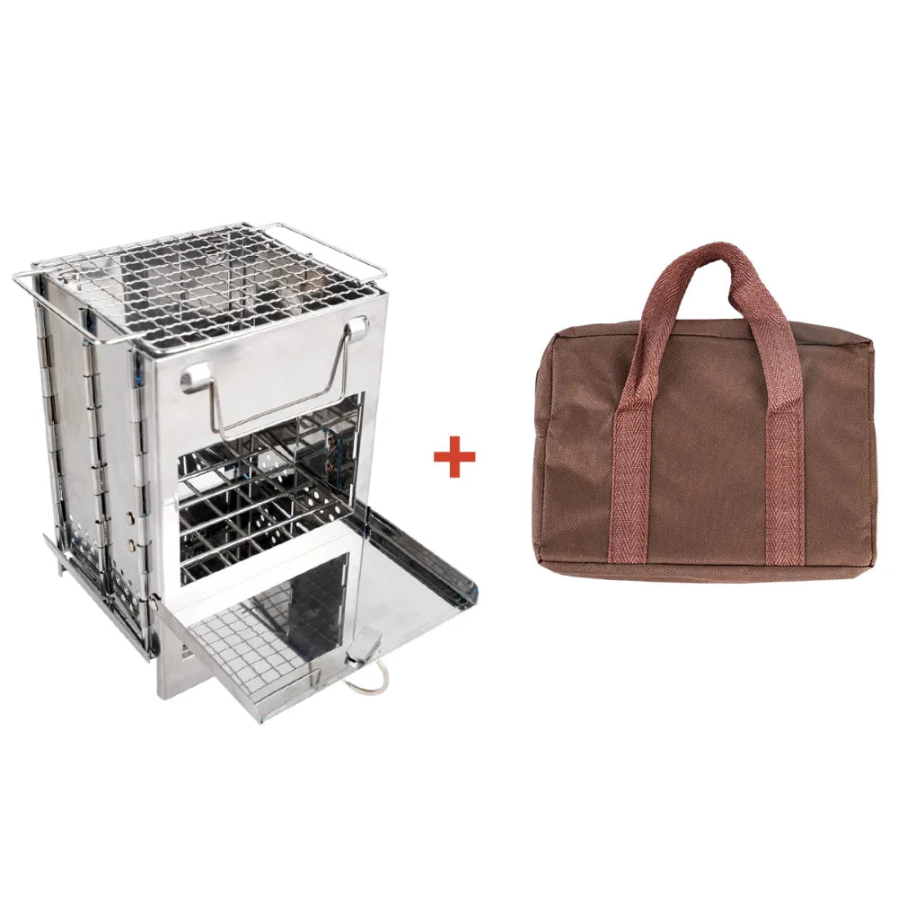 Compact folding wood burning camping stove crafted from durable stainless steel for survival