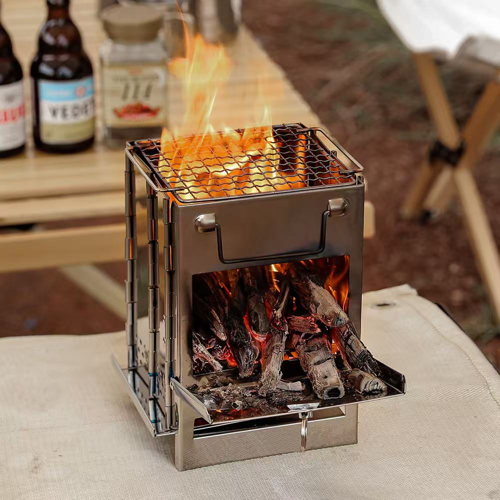Multi-fuel stainless steel camping stove, ideal for outdoor cooking and emergency preparedness