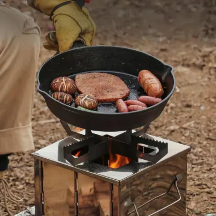 Foldable stainless steel camping stove with wood burning capability for efficient outdoor cooking