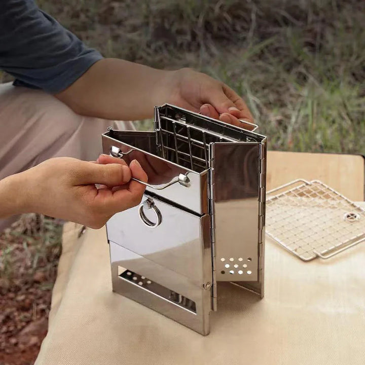 Durable stainless steel folding stove, excellent for camping, hiking, and survival equipment needs